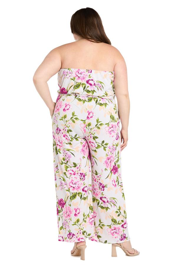 R&m Richards Strapless Pink & Green Floral Jumpsuit With Bow Tie Waist - Plus