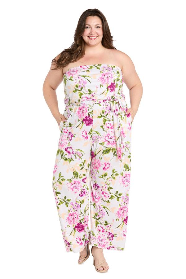 R&m Richards Strapless Pink & Green Floral Jumpsuit With Bow Tie Waist - Plus