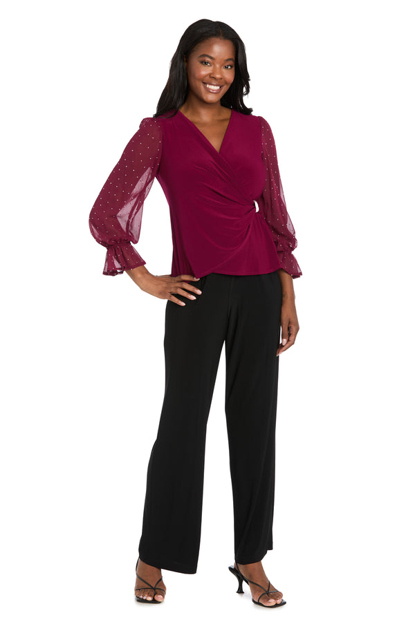 R&m Richards Studded Glam Wrap Top With Chiffon Bell Sleeves
