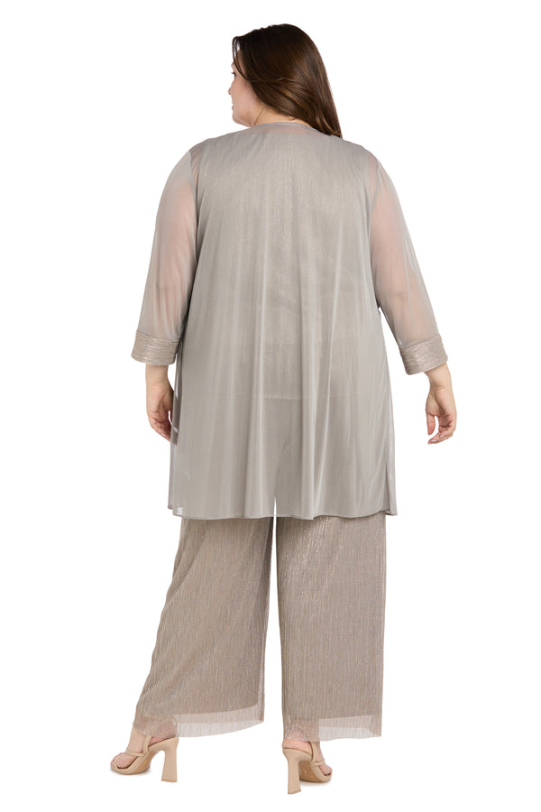 R&m Richards Three Piece Crinkle Pantsuit With A Mesh Chiffon Jacket And Necklace - Plus