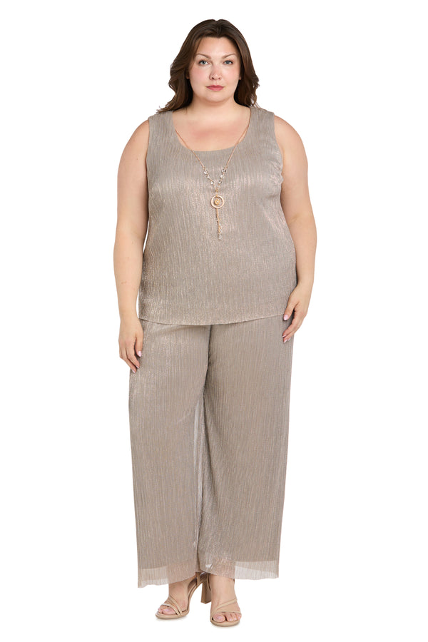R&m Richards Three Piece Crinkle Pantsuit With A Mesh Chiffon Jacket And Necklace - Plus