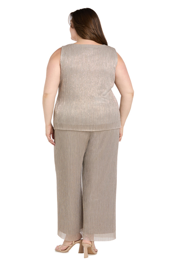 R&m Richards Three Piece Crinkle Pantsuit With A Mesh Chiffon Jacket And Necklace - Plus