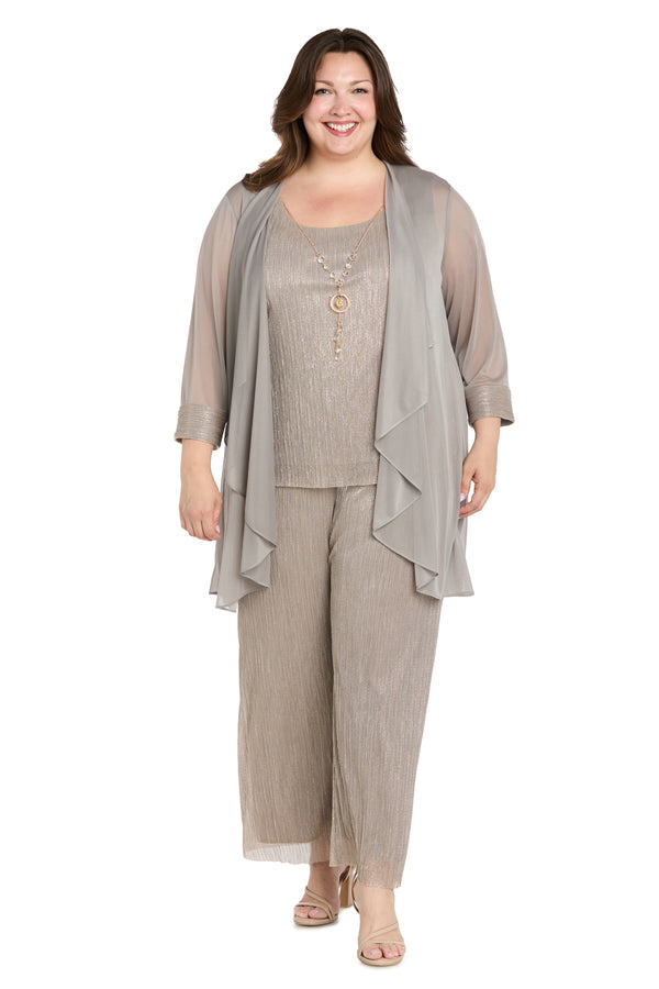 r&m richards Three Piece Crinkle Pantsuit with A Mesh Chiffon Jacket and Necklace - Plus