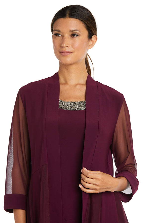 R&m Richards Three Piece Pantsuit With Sheer Sleeves And Neckline Beading