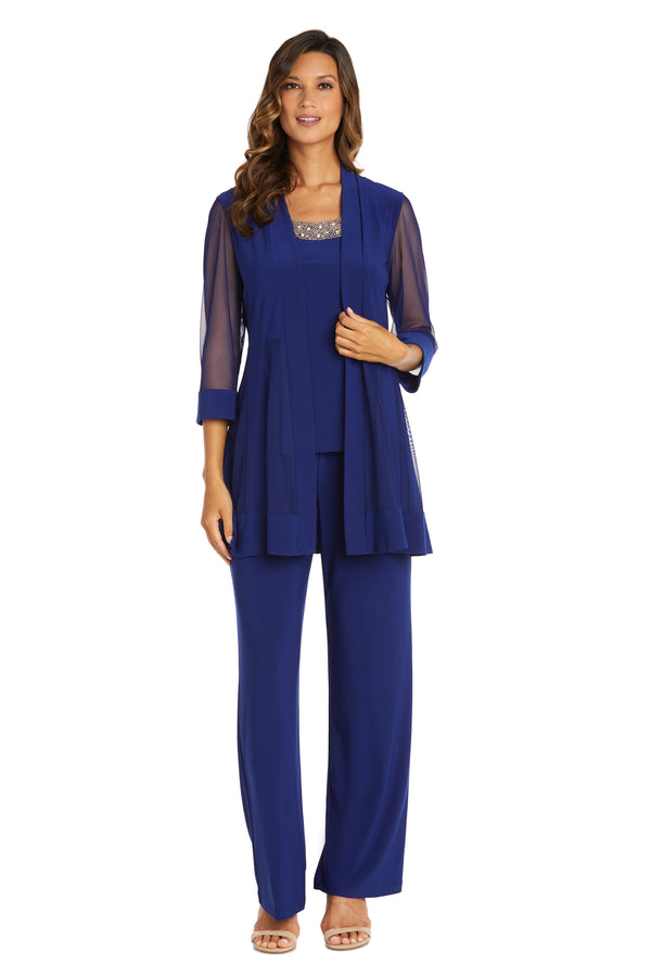 R&m Richards Three Piece Pantsuit With Sheer Sleeves And Neckline Beading