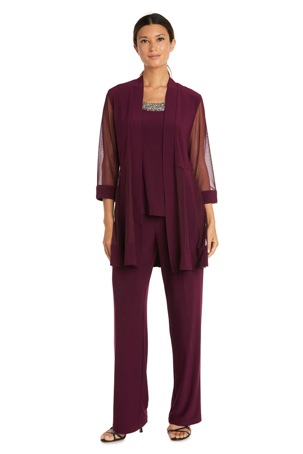 r&m richards Three Piece Pantsuit With Sheer Sleeves and Neckline Beading