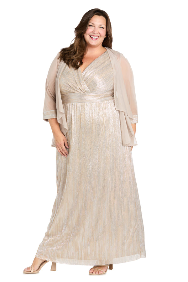 r&m richards Two-Piece Cascade Front Jacket Over Surplice Bodice Long Dress - Plus