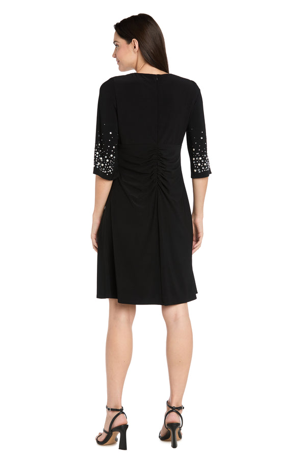 R&m Richards V-Neck Fit And Flare Dress With Rhinestone Pearl Sleeve Detail