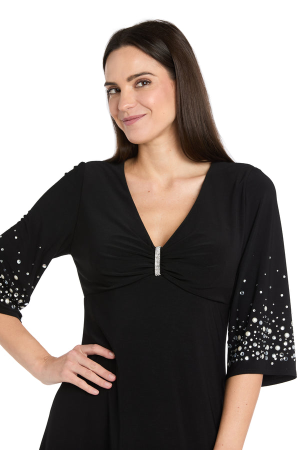 R&m Richards V-Neck Fit And Flare Dress With Rhinestone Pearl Sleeve Detail