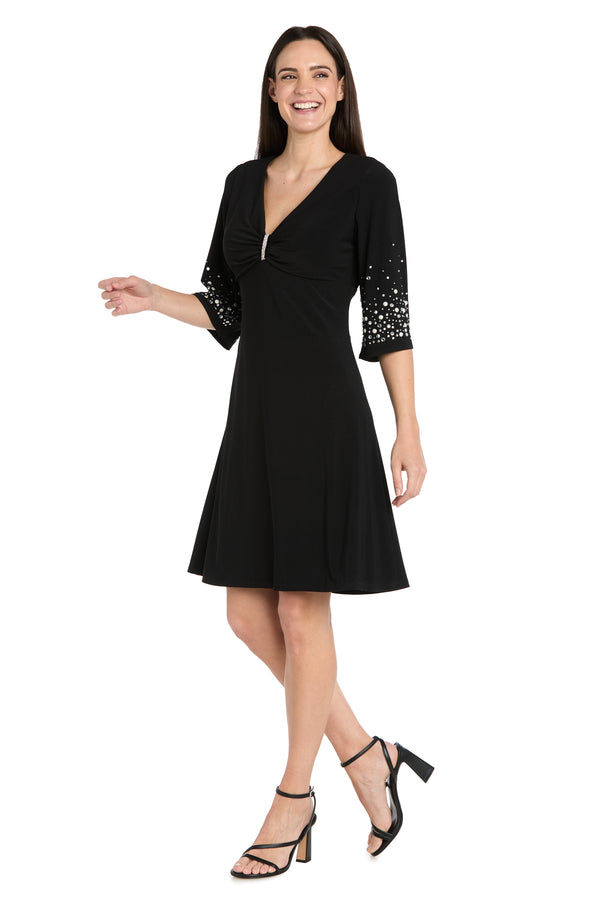 R&m Richards V-Neck Fit And Flare Dress With Rhinestone Pearl Sleeve Detail