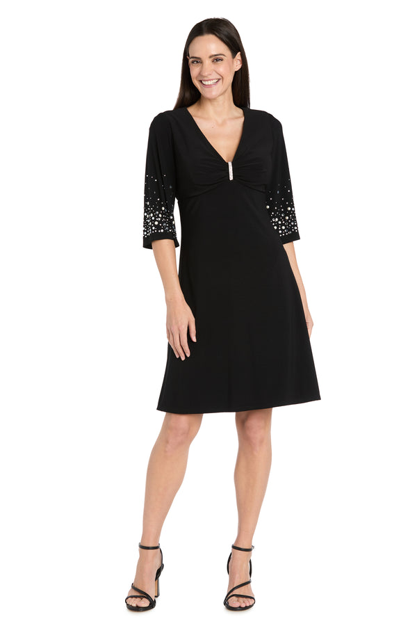 r&m richards V-Neck Fit and Flare Dress with Rhinestone Pearl Sleeve Detail