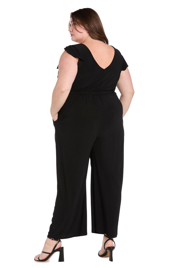 R&m Richards Versatile Black ITY Fabric Jumpsuit With Ruffled Shoulders And Tied Waist - Plus
