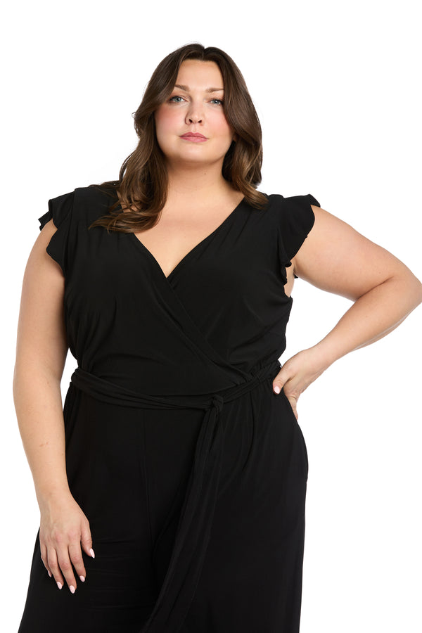 R&m Richards Versatile Black ITY Fabric Jumpsuit With Ruffled Shoulders And Tied Waist - Plus