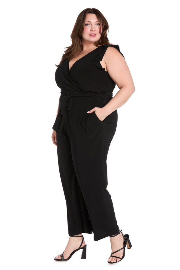 R&m Richards Versatile Black ITY Fabric Jumpsuit With Ruffled Shoulders And Tied Waist - Plus