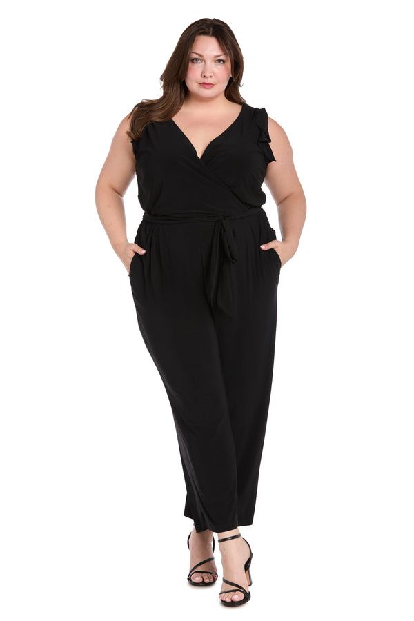 r&m richards Versatile Black ITY Fabric Jumpsuit with Ruffled Shoulders and Tied Waist - Plus