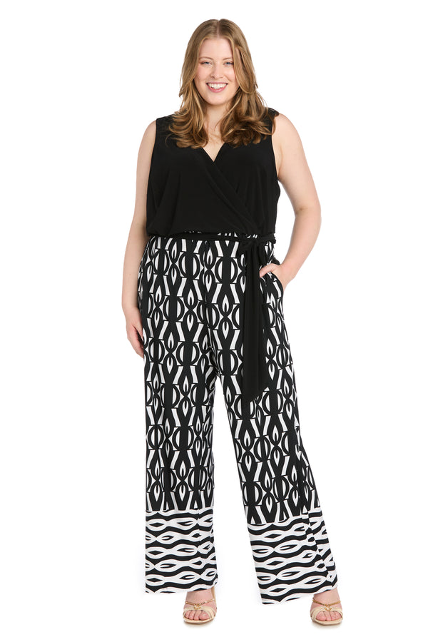 R&m Richards Versatile Tie-Wrap Waist Jumpsuit With Patterned Pants - Plus