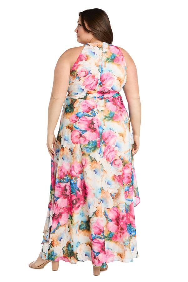 R&m Richards Watercolor Floral Chiffon Dress With Ruffled Skirt And High Neck - Plus