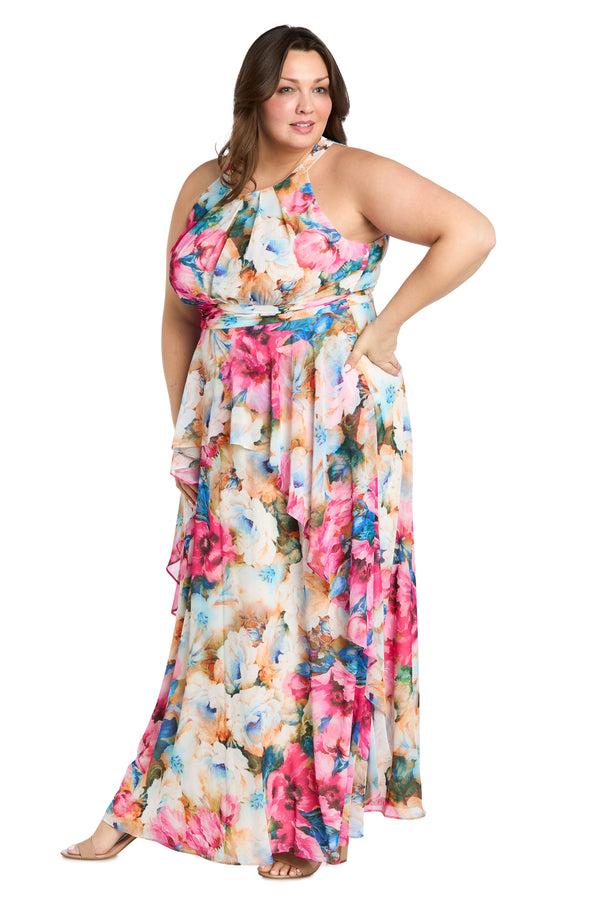 R&m Richards Watercolor Floral Chiffon Dress With Ruffled Skirt And High Neck - Plus