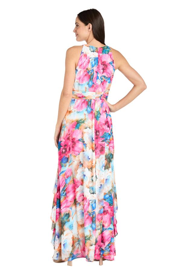 R&m Richards Watercolor Floral Chiffon Dress With Ruffled Skirt And High Neck - Petite