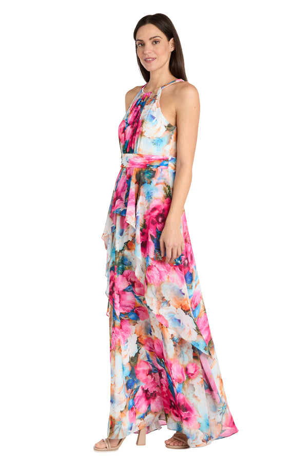 R&m Richards Watercolor Floral Chiffon Dress With Ruffled Skirt And High Neck - Petite