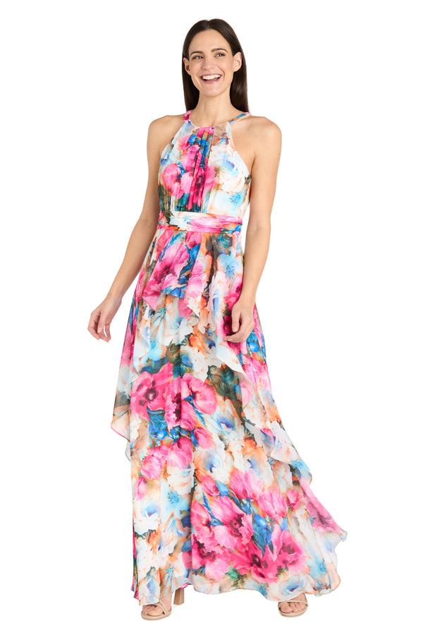r&m richards Watercolor Floral Chiffon Dress with Ruffled Skirt and High Neck - Petite