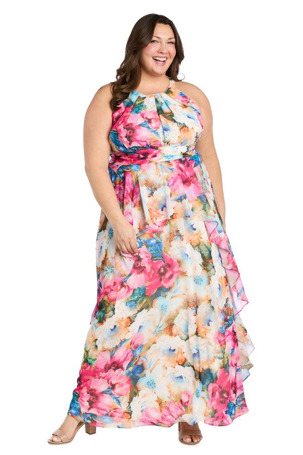 r&m richards Watercolor Floral Chiffon Dress with Ruffled Skirt and High Neck - Plus