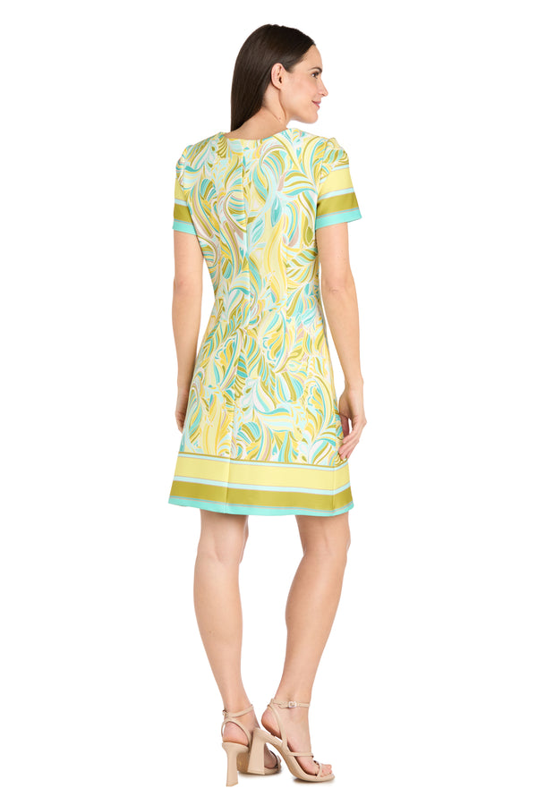 R&m Richards Yellow & Aqua Patterned Scuba Crepe Mini Dress