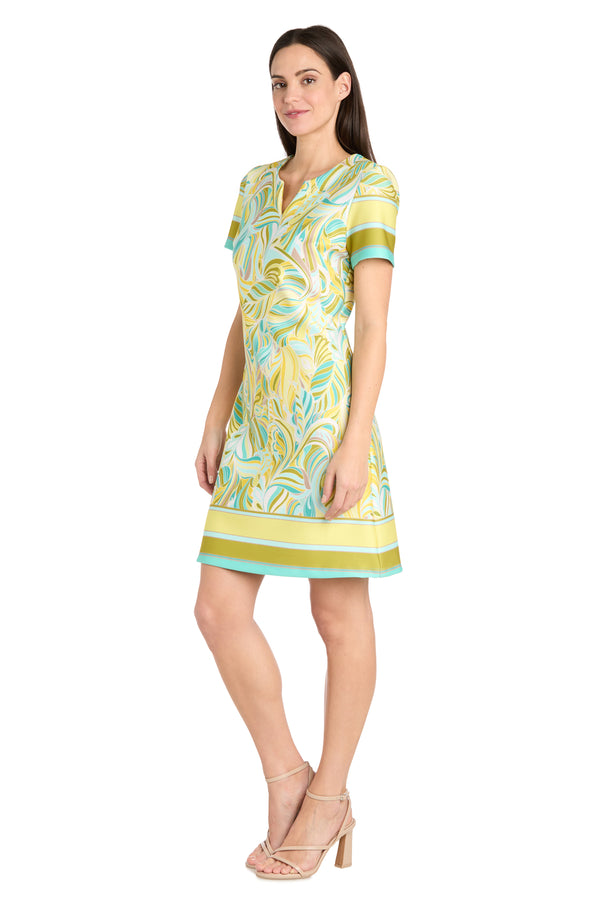R&m Richards Yellow & Aqua Patterned Scuba Crepe Mini Dress