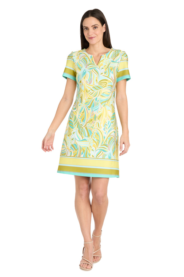 r&m richards Yellow & Aqua Patterned Scuba Crepe Mini Dress
