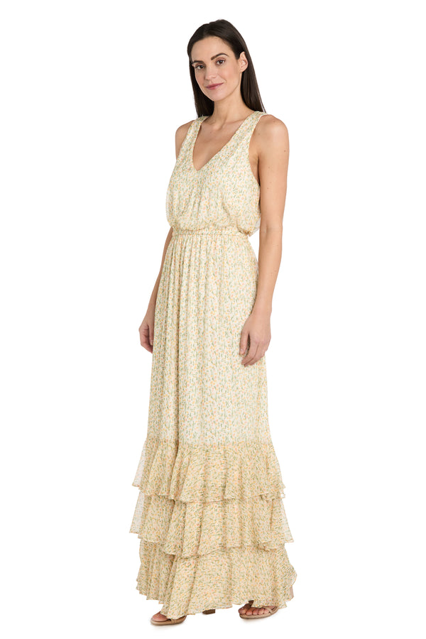 R&m Richards Yellow Floral Chiffon Maxi Dress With Ruffle Skirt - Petite