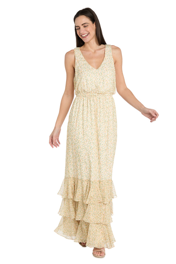 r&m richards Yellow Floral Chiffon Maxi Dress with Ruffle Skirt - Petite