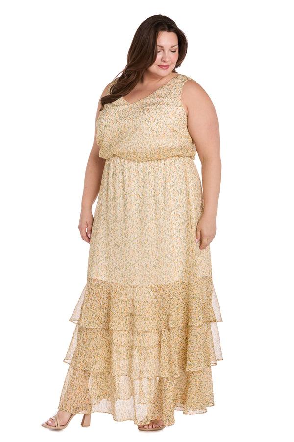 R&m Richards Yellow Floral Chiffon Maxi Dress With Ruffle Skirt - Plus