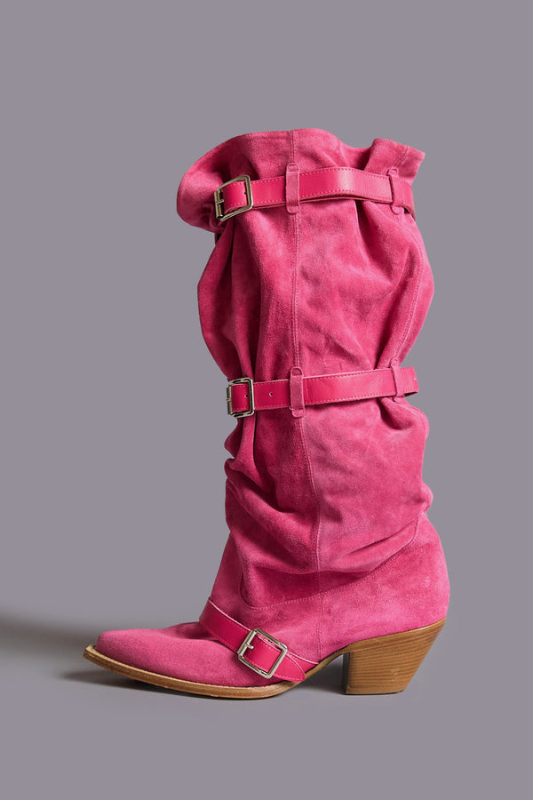 R13 BUCKLED-UP SLOUCH COWBOY BOOT Bright Pink Suede