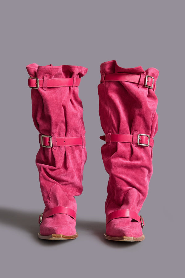 R13 BUCKLED-UP SLOUCH COWBOY BOOT Bright Pink Suede