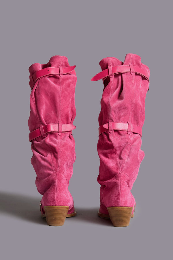 R13 BUCKLED-UP SLOUCH COWBOY BOOT Bright Pink Suede