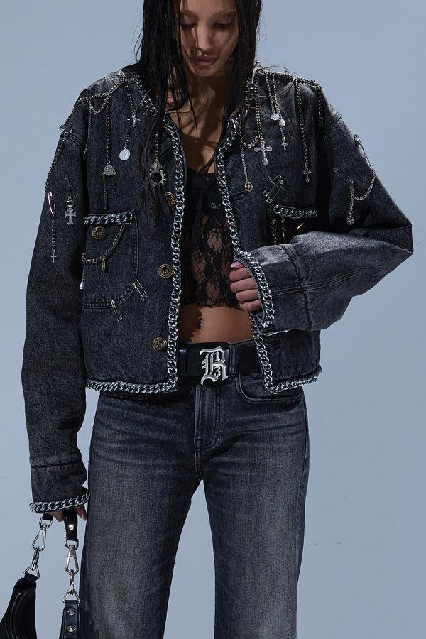 R13 CHAIN EMBELLISHED CROPPED CHORE JACKET Dusky Grey