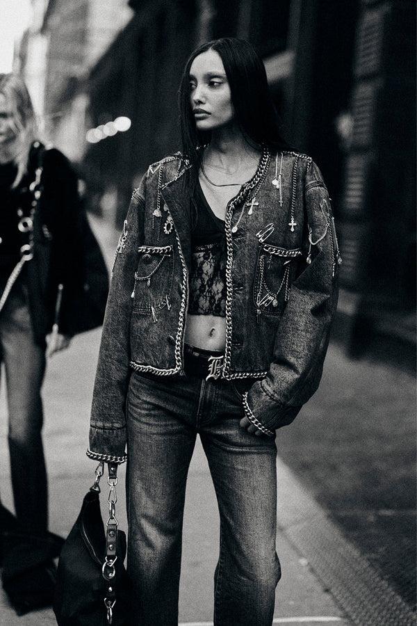 r13 CHAIN EMBELLISHED CROPPED CHORE JACKET dusky grey