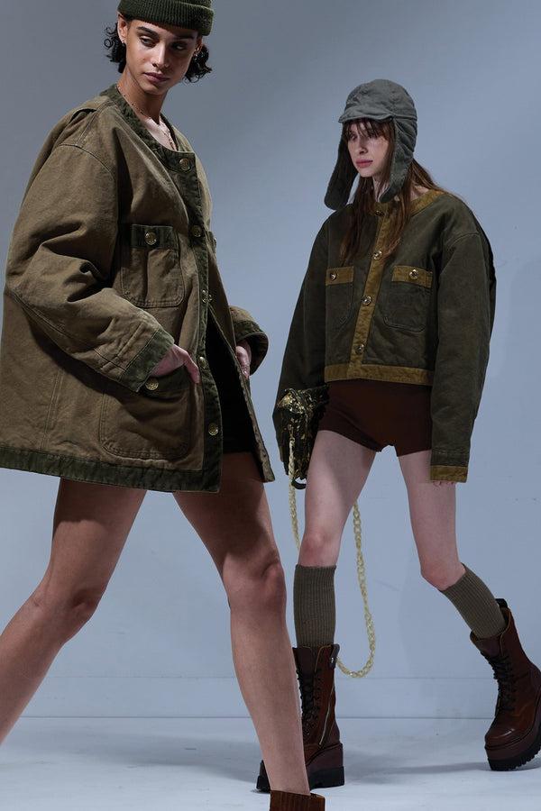 R13 CORD TRIMMED CROPPED CHORE JACKET Dusky Olive Canvas Green