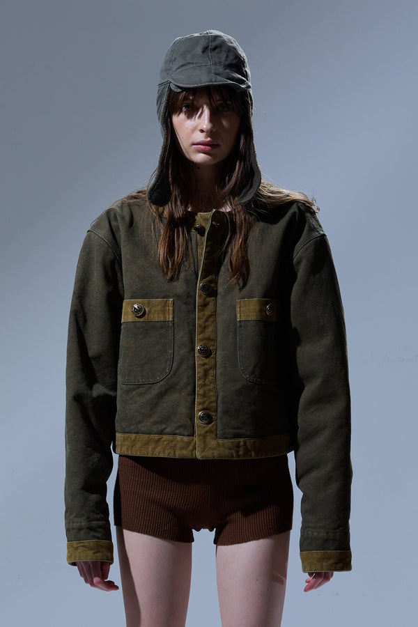 R13 CORD TRIMMED CROPPED CHORE JACKET Dusky Olive Canvas Green
