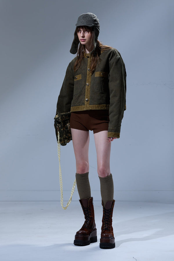 r13 CORD TRIMMED CROPPED CHORE JACKET dusky olive canvas green