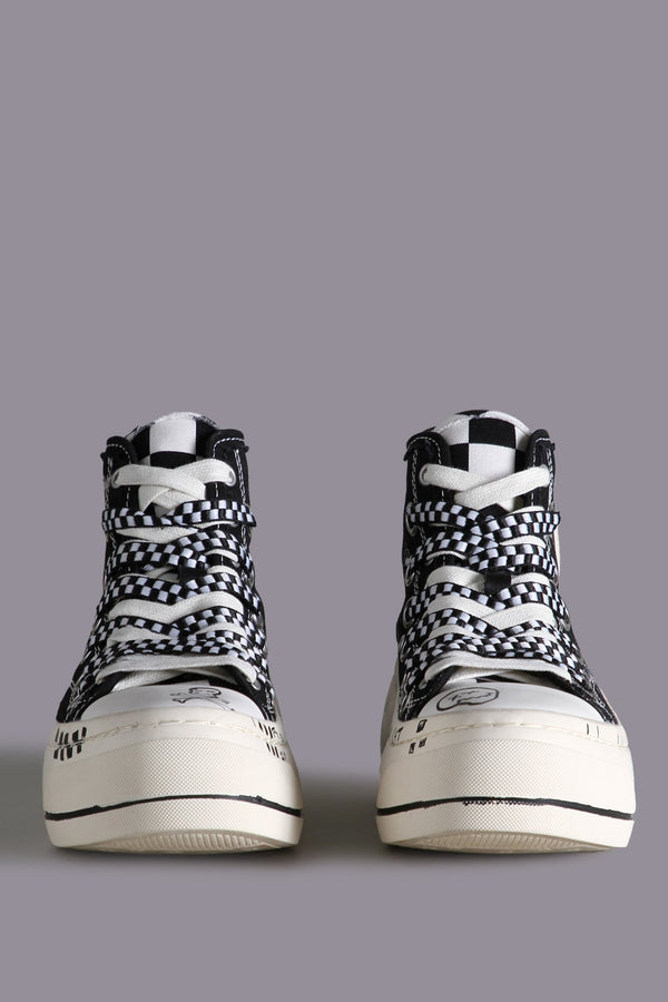 R13 DOUBLE GROMMET KURT HIGH TOP SNEAKER Black Graffiti Checker