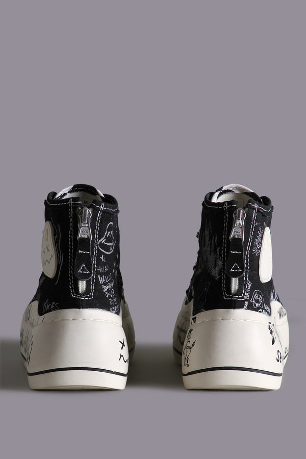 R13 DOUBLE GROMMET KURT HIGH TOP SNEAKER Black Graffiti Checker