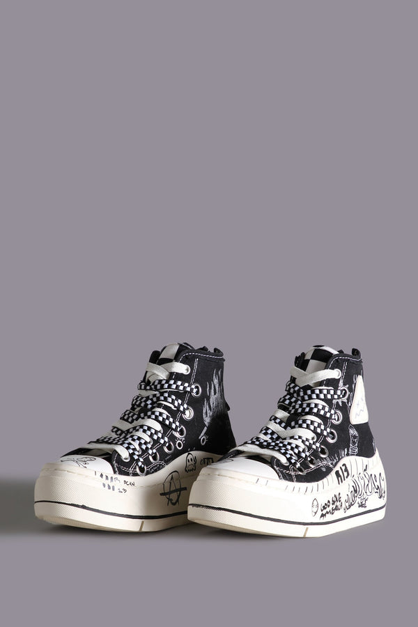 r13 DOUBLE GROMMET KURT HIGH TOP SNEAKER black graffiti checker