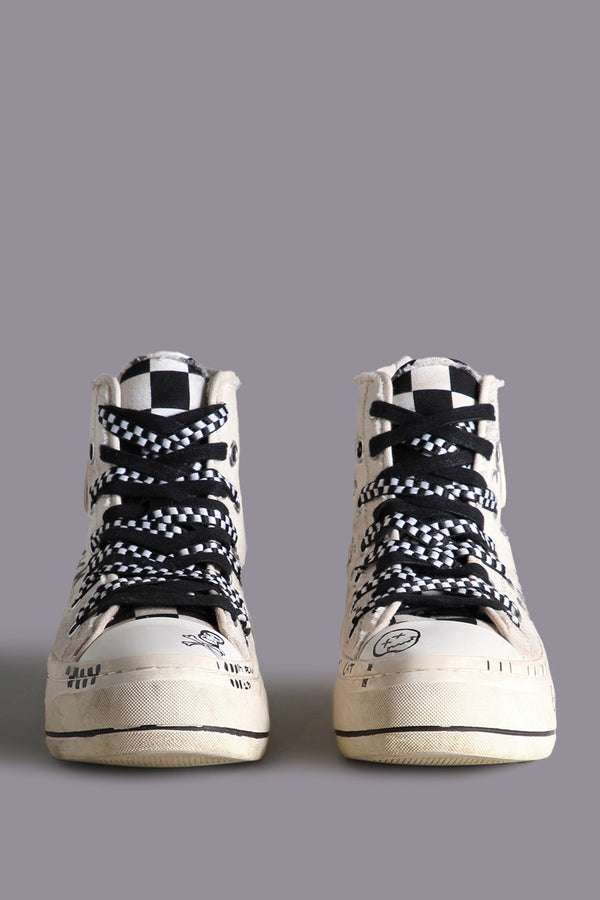 R13 DOUBLE GROMMET KURT HIGH TOP SNEAKER Graffiti Ecru Checker