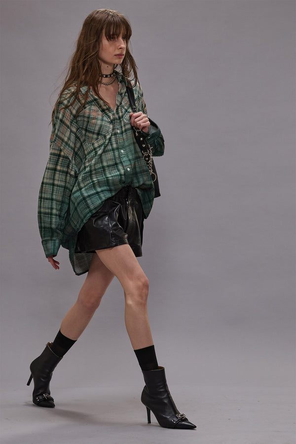 r13 DROP NECK WORKSHIRT dipped black turquoise plaid