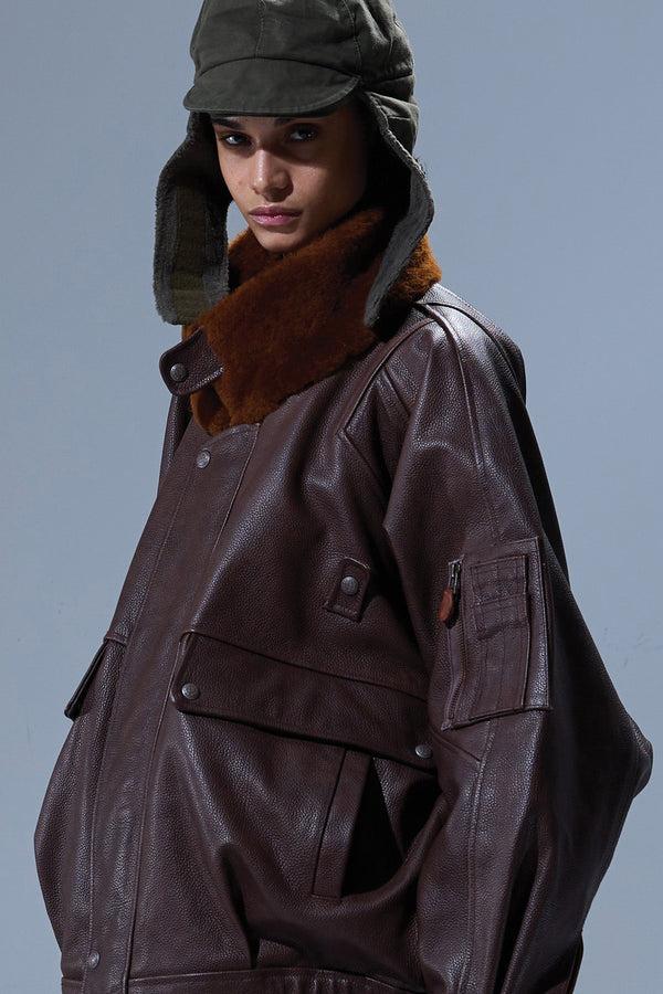 r13 LEATHER FLIGHT JACKET WITH SHEARLING COLLAR brown
