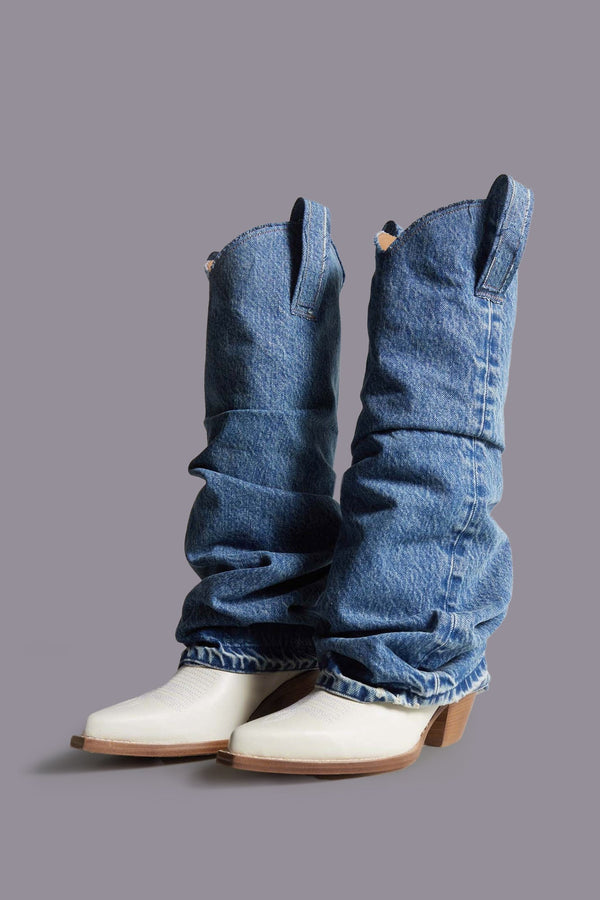 R13 MID COWBOY BOOTS WITH DENIM SLEEVE Blue And White