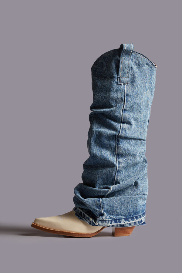 r13 MID COWBOY BOOTS WITH DENIM SLEEVE blue and white