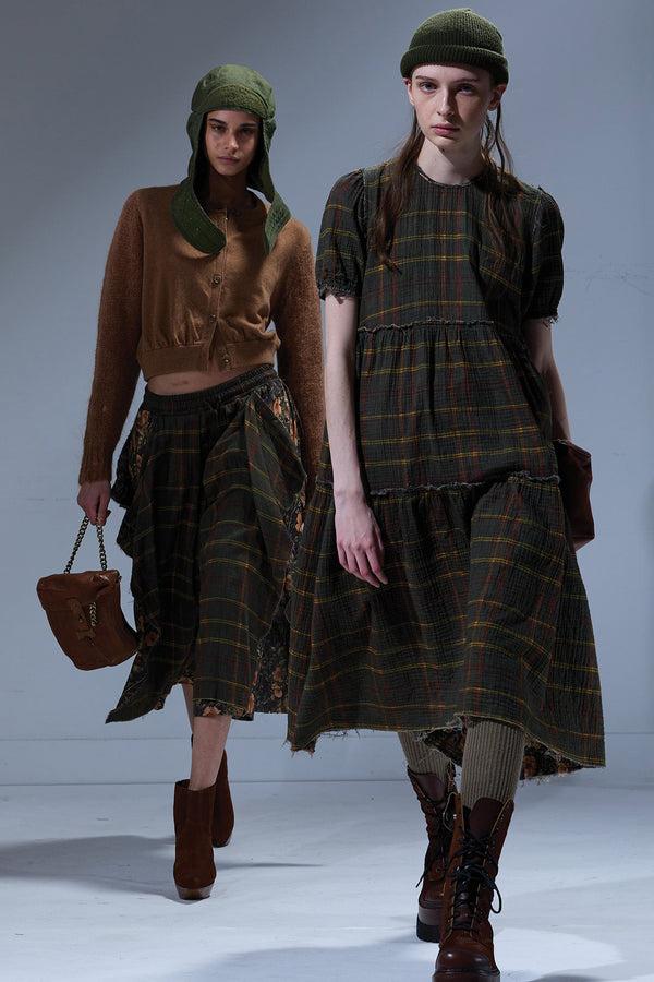 R13 OVERLAY DECONSTRUCTED PANTS Olive Plaid With Floral Camo Green