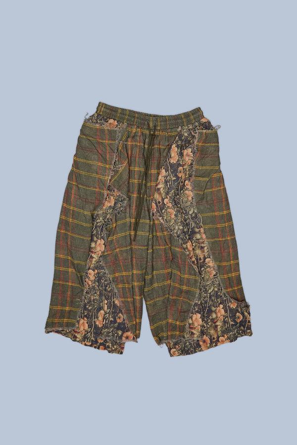 R13 OVERLAY DECONSTRUCTED PANTS Olive Plaid With Floral Camo Green